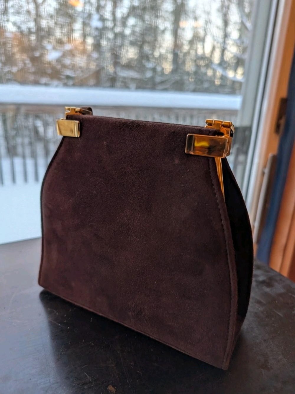 Vintage Stuart Weitzman Brown Suede Frame Evening Bag w/ Detachable Strap
